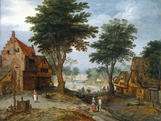 Paisaje de pueblo bullicioso con árboles